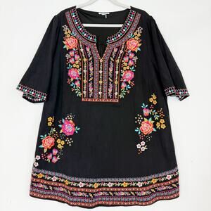 Angel Heart In The Garden Floral Embroidered Tunic Top Black Women's 2X